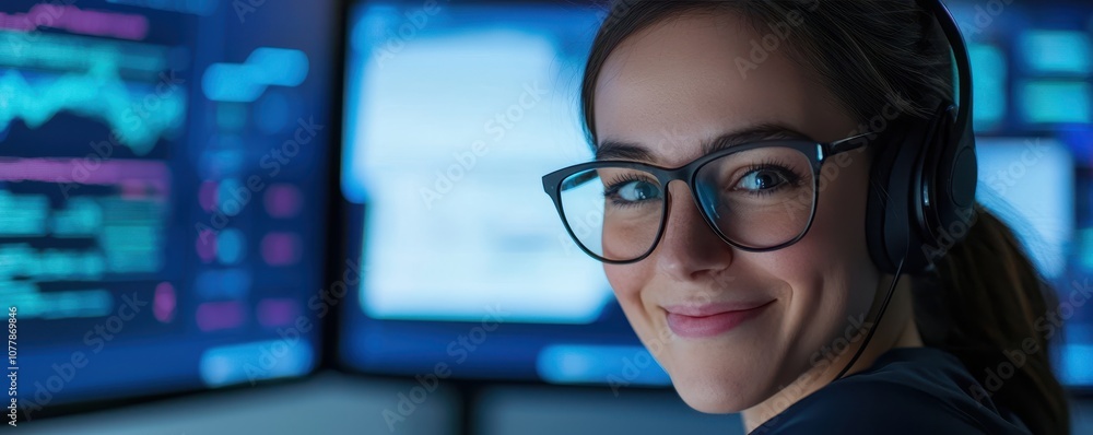 Poster a focused young woman with headphones smiles while working in front of multiple computer screens dis