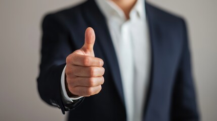 A man in a suit giving a thumbs up gesture, symbolizing approval, success, and positivity.
