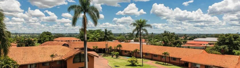 Fototapeta premium A scenic view of a landscaped courtyard surrounded by buildings and palm trees under a blue sky.