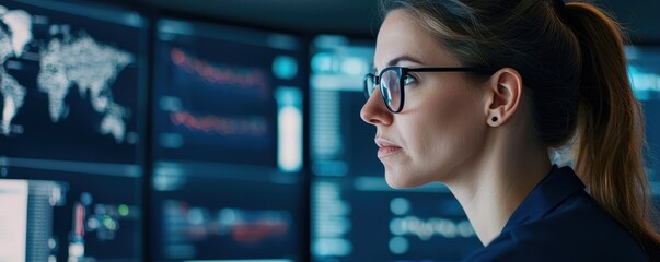 A focused woman analyzes data on multiple screens, showcasing technology and concentration in a modern workspace.