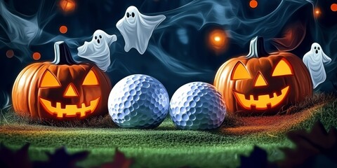 Spooky Halloween Golf Clip Art Featuring Jack-o'-Lanterns, Ghosts, and Haunted Golf Balls Design