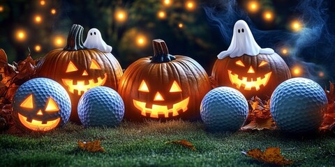 Spooky Halloween Golf Clip Art Featuring Jack-o'-Lanterns, Ghosts, and Haunted Golf Balls Design 