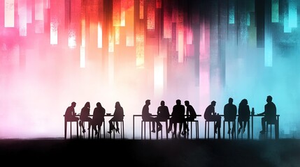 Fototapeta premium Silhouettes of Diverse People Collaborating at Tables Under Colorful Light Patterns in a Creative Workspace Environment