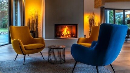 stylish living room with a modern yellow and blue chair set, a softly glowing fireplace, and minimal decoration. warm tones and soft lighting add to the inviting atmosphere