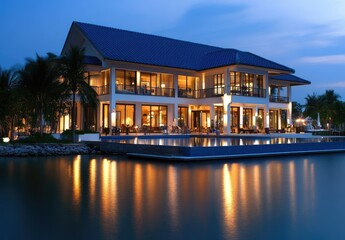 Modern two-story villa with a blue tile roof, white walls, and black windows. The swimming pool is surrounded by lush greenery under the twilight sky.