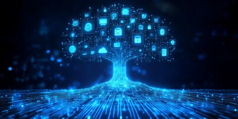 image featuring a tree shape composed of digital elements. 