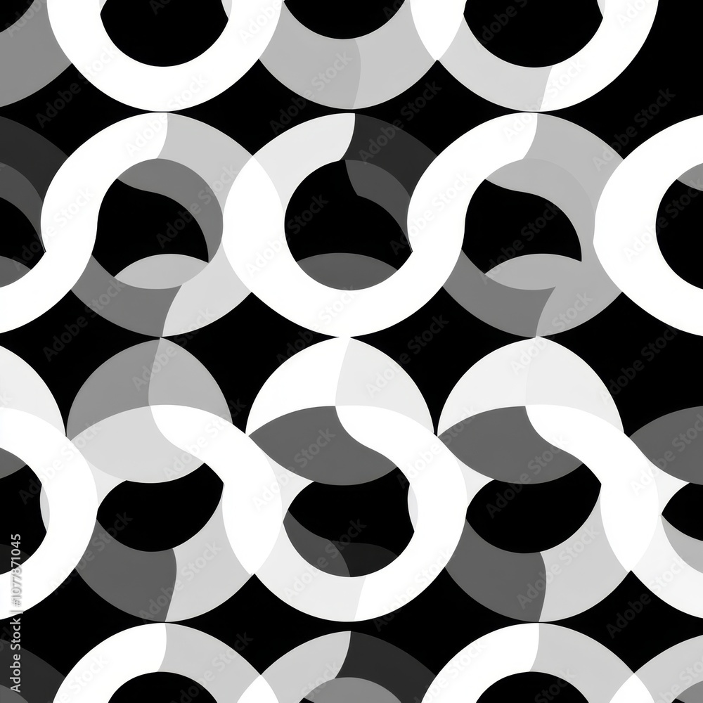 Poster abstract pattern of intersecting white and gray circles on black background