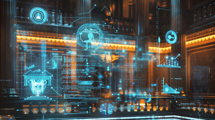 Digital augmented reality display showcasing AI laws with layered security symbols, policy icons, and a virtual courtroom, representing the framework of AI compliance.