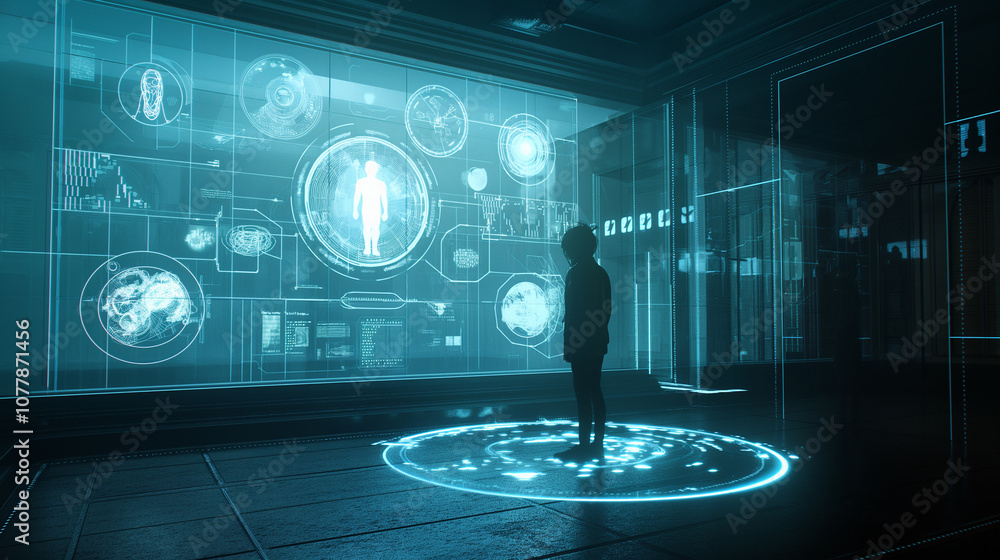 Poster holographic ar display visualizing a layered structure of ai regulations, from data transparency to 