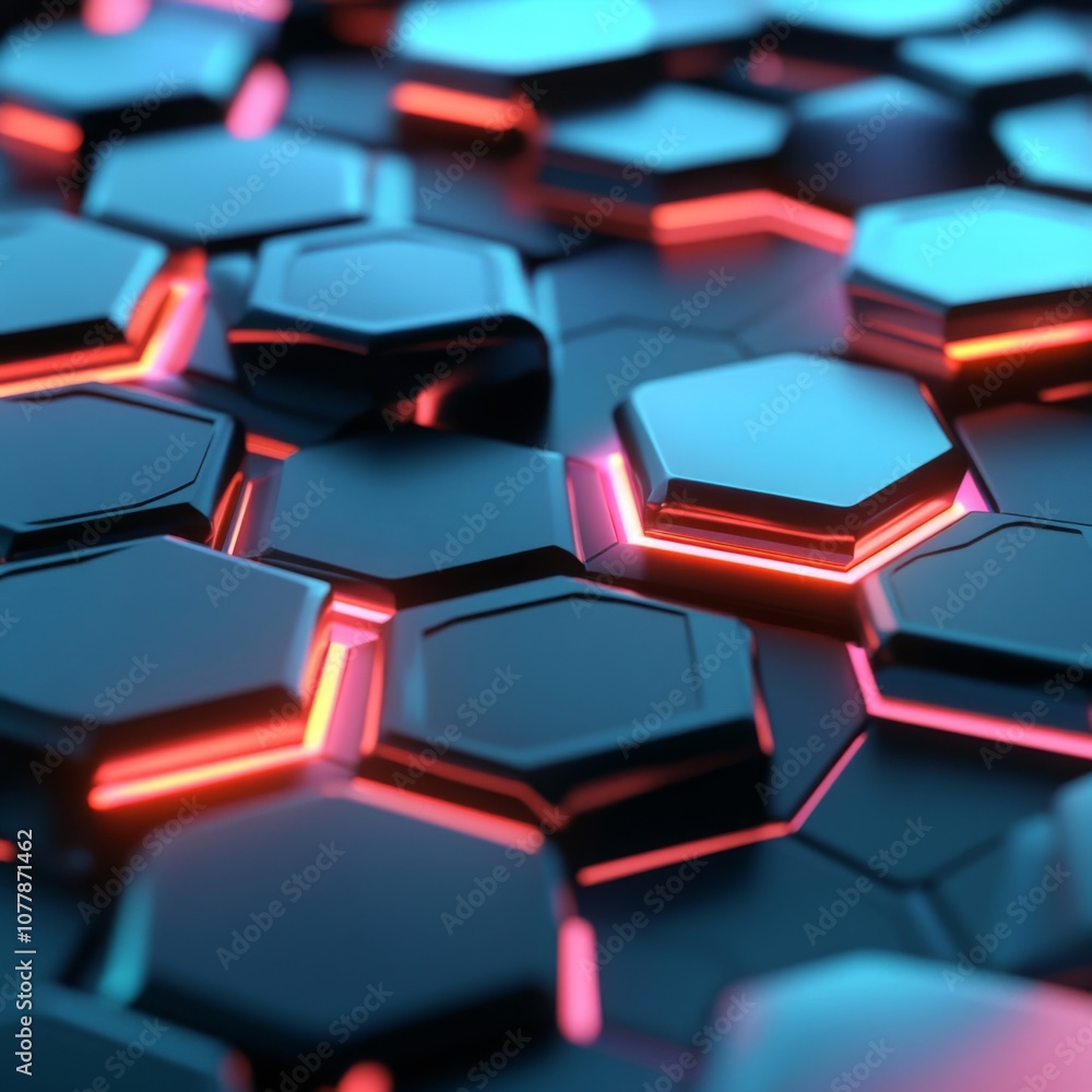 Poster Abstract 3D Hexagonal Pattern with Glowing Red Lines