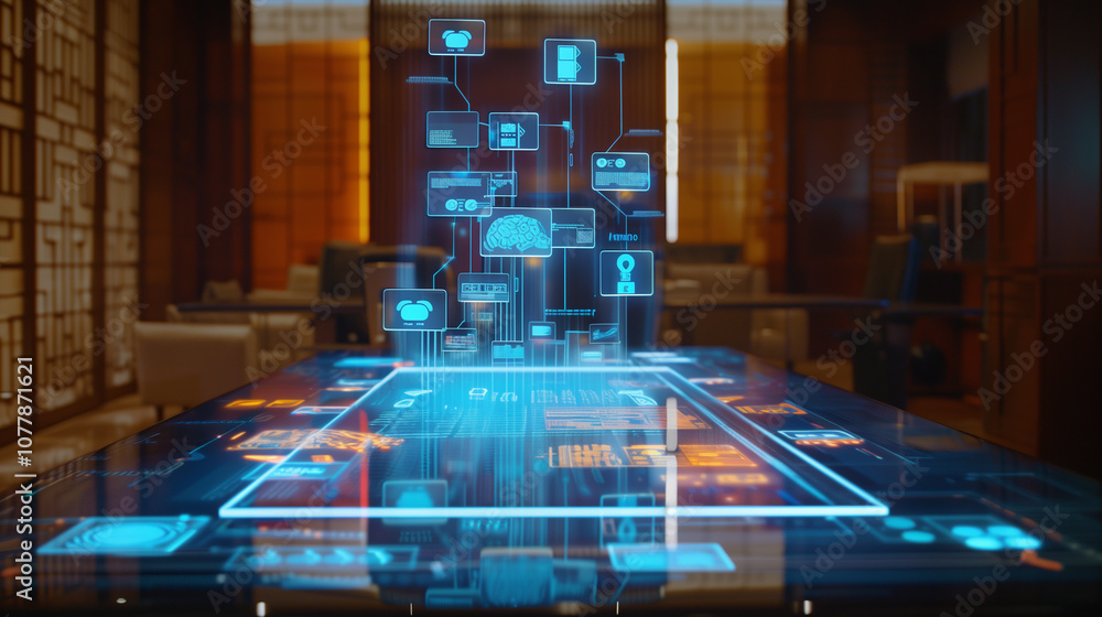 Poster holographic ar display visualizing a layered structure of ai regulations, from data transparency to 