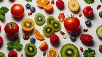 White background with a variety of fruits and vegetables including kiwi