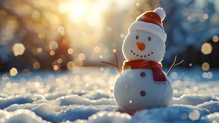 Fototapeta premium Tiny Cute Snowman Standing on Snowy Field in Winter Christmas Scene