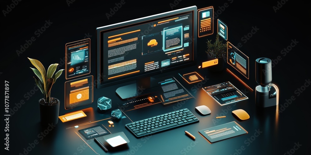 Wall mural website development elements on a website computer screen in 3d illustration,