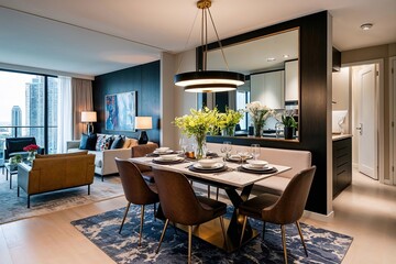 Modern Apartment Design Featuring Chic Dining Area and Stylish Seating in Expansive Living Space