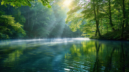 A hidden lake in the middle of a deep forest, the water calm and clear, with sunlight filtering through the canopy above