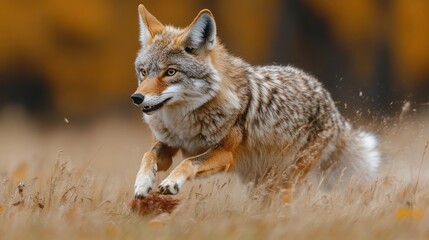 Obraz premium A coyote leaping through a grassy field in a natural setting.