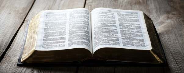 Fototapeta premium An open book with visible text on wooden surface, suggesting study or reflection.