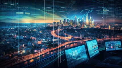 Fototapeta premium Cityscape with Digital Overlay