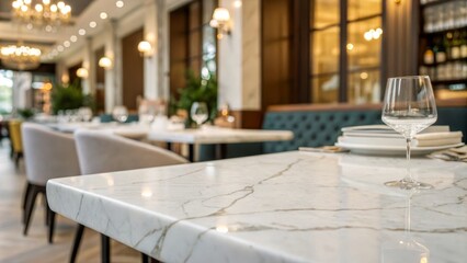 Elegant White Marble Tabletop with Blurred Restaurant Background, Perfect for Dining Ambiance, Interior Design Inspiration, and Modern Aesthetic Photography