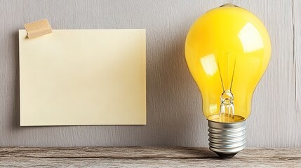 Bright Yellow Light Bulb Next to Blank Sticky Note on Rustic Wooden Table with Simple Gray Background Perfect for Creative Ideas and Inspiration