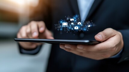 A Businessman Holding a Tablet with Digital Icons Representing Networking, Data Security, and Technology Innovations in a Modern Workspace Environment