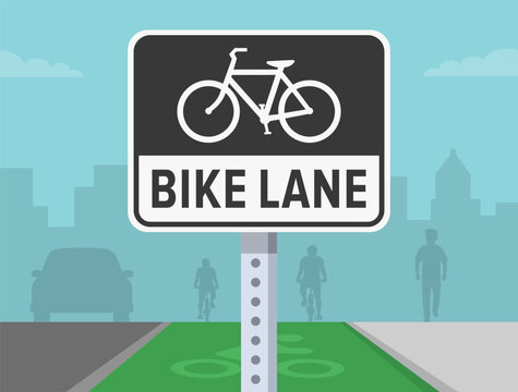 Driving tips and traffic regulation rules. Close-up of a "bike lane" traffic sign. Beginning of the dedicated bicycle lane. Flat vector illustration template.
