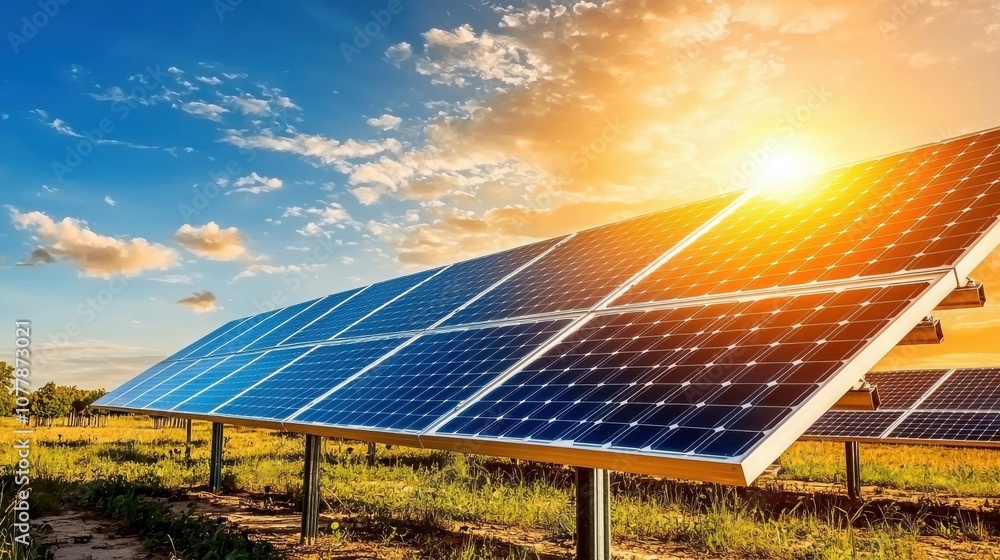 Poster harnessing solar energy exploring the field of solar panels under a golden sky in an open area