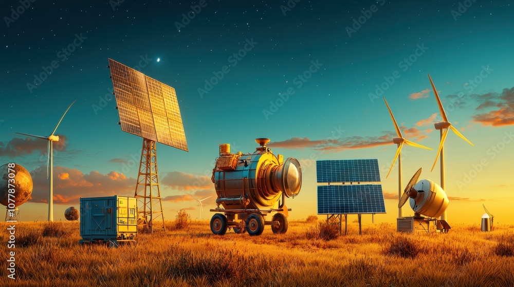 Fototapete harnessing renewable energy exploring the synergy of wind turbines and solar panels in open spaces