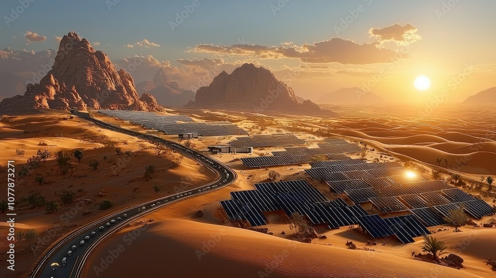 Poster harnessing solar power exploring an industrial solar field in the desert with a stunning background