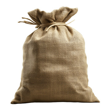 Large burlap sack tied at the top, isolated on a transparent background