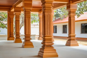 Fototapeta premium Intricate wooden pillars support a serene architectural space surrounded by nature.