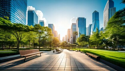 Obraz premium Peaceful Park Scenery in Town with Soft Morning Light