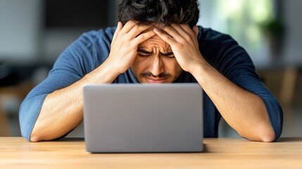 Frustrated young man experiencing stress while working on laptop in modern workspace, showing emotional struggle and concentration amid digital challenges
