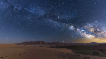 A mesmerizing starry sky with the Milky Way clearly visible, stars twinkling in the vast darkness, stretching over a quiet desert