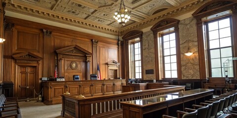 Obraz premium Captivating Courtroom Interior with Elegant Wooden Paneling, Dramatic Lighting and Classic Architecture, Perfect for Legal Themes and Historical Contexts in Documentary Photography