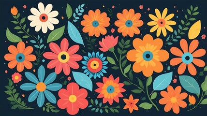 Colorful Floral Pattern with a Dark Blue Background