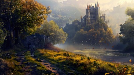 Fototapeta premium Enchanted Castle in Autumn Forest - Stunning Landscape with Fog and Lake