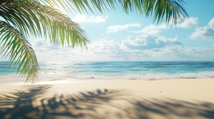 A breathtaking view of a serene tropical beach, where sunlight dances on calm ocean waves. Framed by lush palm fronds, this scene captures the warmth of the sun, soft sand, and gentle blue sky