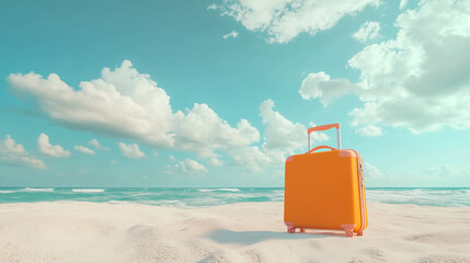 Vibrant Orange Luggage on Serene Beach Under a Clear Sky. A bright orange suitcase stands alone on a sandy beach, surrounded by a tranquil ocean and soft clouds above.