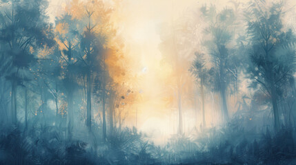 Obraz premium A misty sunrise sky over a quiet forest, soft light filtering through the trees, creating an ethereal morning scene