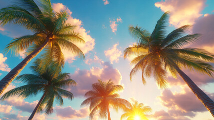 Serene Sunset with Majestic Palm Trees Against a Colorful Sky. Enjoy the beauty of a stunning sunset framed by palm trees, creating a tranquil and picturesque tropical atmosphere.