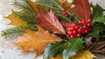 Elegant Autumn and Winter Botanical Composition with Leaves and Holly on Subtle Textured Background for Seasonal Decor, Nature Inspiration, and Home Aesthetics
