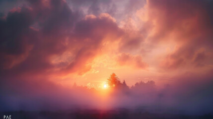 Fototapeta premium A mysterious sunset with soft light piercing through a foggy sky, creating a dreamlike and serene atmosphere.