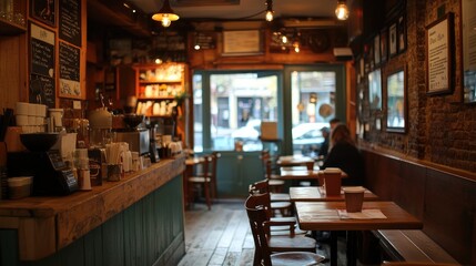 Obraz premium Cozy coffee shop interior with rustic decor and customers enjoying beverages