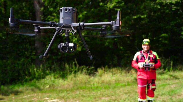 Search and rescue team drone pilot fly industrial aircraft, Czechia
