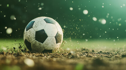 Naklejka premium Dynamic motion of a soccer ball on a grass field during an intense game