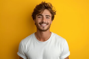 Obraz premium Happy young man with brown hair smiling in a white t-shirt against a bright yellow background.