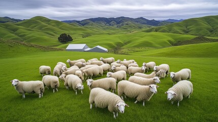 Obraz premium A flock of sheep grazing on lush green hills with a barn in the background.