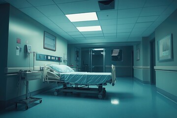 Empty hospital bed standing in a deserted hospital corridor at night